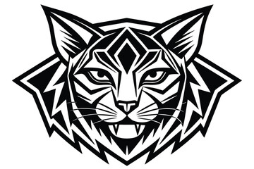 Intricate geometric design portrays a wildcat head rendered in black and white with sharp details