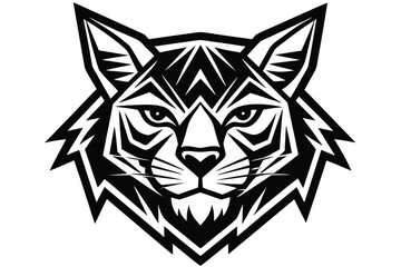 Striking bobcat head rendered sharply with black and white geometric tribal style illustration