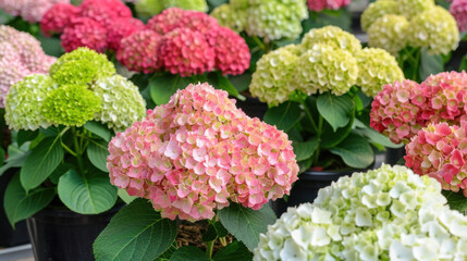 Vibrant Hydrangea Blossoms in Various Colors Displayed in Garden Pots for Floral Enthusiasts and Nature Lovers