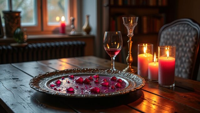 Elegant romantic table setting with candles and wine in cozy room