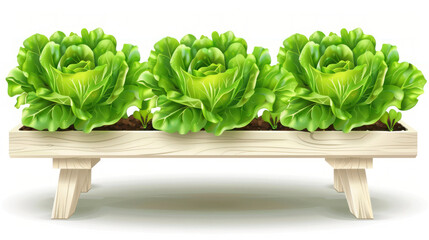 Fresh Green Lettuce in Wooden Planter with Rich Soil, Ideal for Gardening and Healthy Eating Concepts