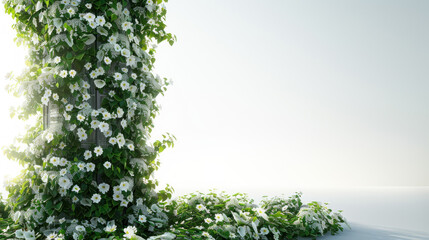 Lush Greenery with White Flowers Adorning a Vertical Structure in a Bright and Airy Environment