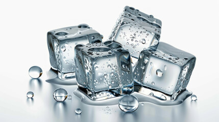 Clear Ice Cubes with Water Droplets on White Background for Refreshing Beverage Concepts