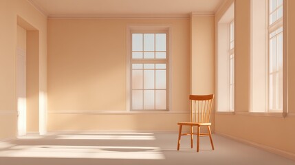 Fototapeta premium Minimalist Interior with Wooden Chair and Natural Light Streaming Through Windows in a Bright Room