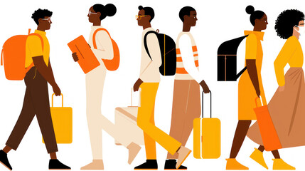 Diverse group of people walking together in urban setting, showcasing fashion styles and travel accessories with bright, colorful bags and outfits
