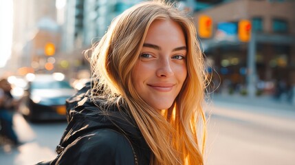 Cheerful Young Woman Smiling on a Busy City Street During Golden Hour