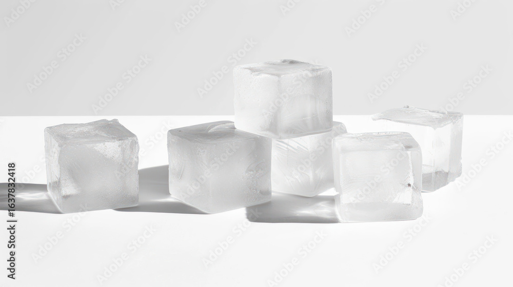 Aufkleber clear ice cubes on white surface with shadows in a minimalistic style for refreshing drinks and summ