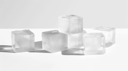 Clear Ice Cubes on White Surface with Shadows in a Minimalistic Style for Refreshing Drinks and Summer Refreshment