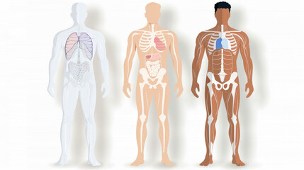 Anatomical Illustration of Human Body Systems Representing Different Skin Tones and Internal Organs for Educational Purpose
