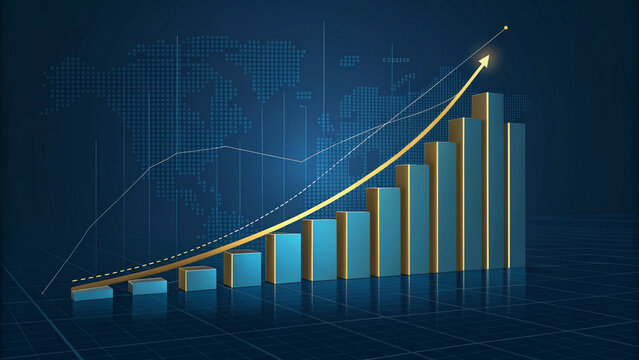 business graph on red background, business graph with arrow, blue business graph, blue bar chart, golden arrow, upward trend, business growth