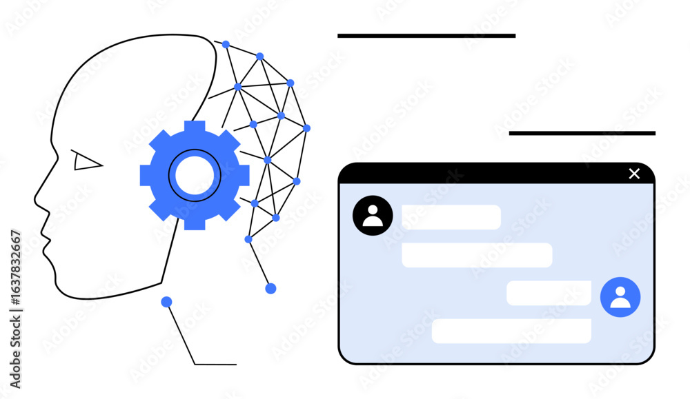 Poster human profile with neural connections, gear symbolizing ai, and chat interface window. ideal for ai 