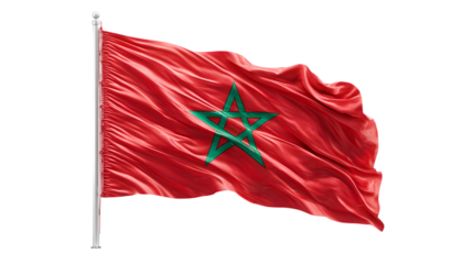A vibrant moroccan flag waving gracefully against a stark black backdrop on a metal flagpole