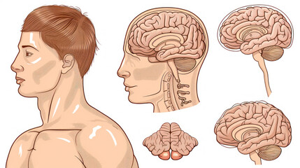 Human Anatomy Illustration Featuring Brain Structures and Profile of Male with Detailed Views of Brain and Head in Various Angles