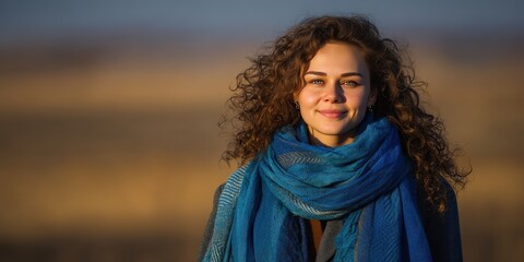 Portrait of a Young Woman with Curly Hair and a Blue Scarf Against a Natural Background