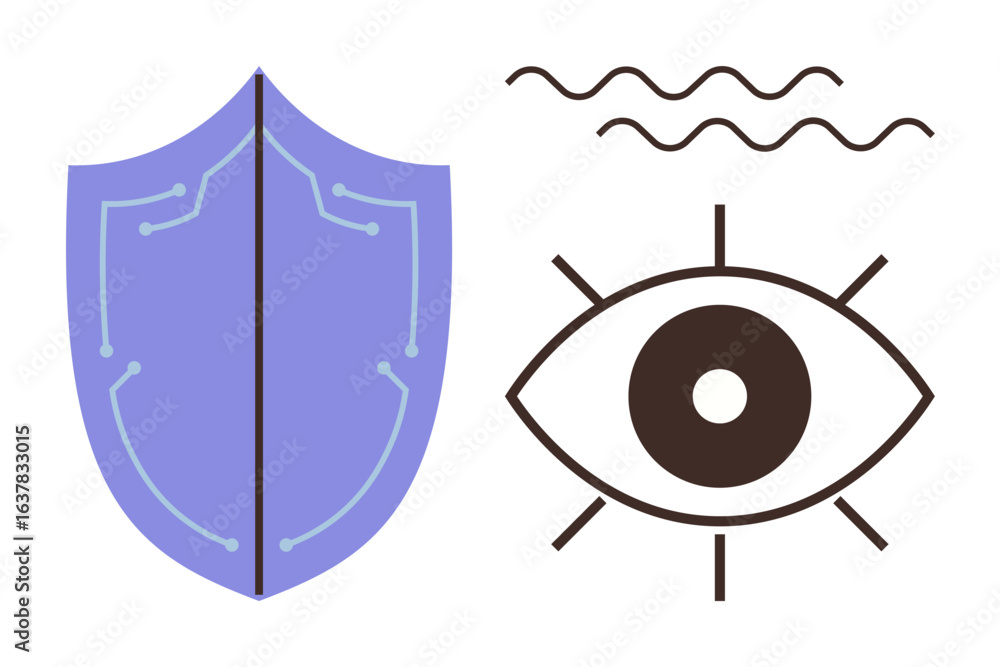 Poster purple shield with circuit design beside an abstract eye with rays and waves. ideal for cybersecurit