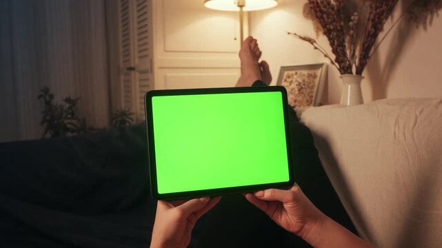 Woman holding a tablet with a green screen. Woman relaxing on a sofa at home, watching movies or series and reading social media or e-books. High quality 4k footage
