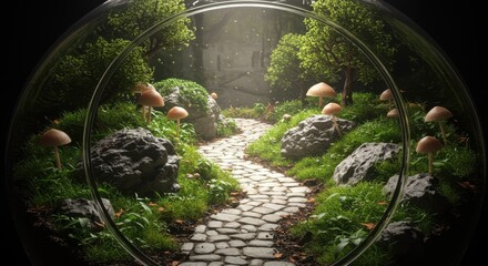 Enchanting miniature world featuring a stone path mossy rocks and delicate mushrooms inside a glass sphere concept nature and fantasy
