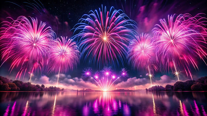 Firework Reflections On Water With Vibrant Pink And Blue Colors
