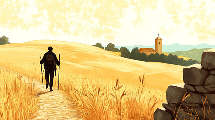 Hiker with trekking poles walking along a dirt path through golden fields, with a distant church and hills under a bright sky, embodying adventure and exploration in nature