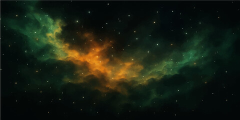 Abstract, dark space background with bright stars, colorful galaxy, and nebula