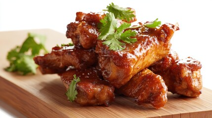 Delicious glazed chicken wings on a wooden board, garnished with fresh cilantro for commercial use