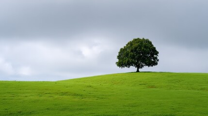 Fototapeta premium Lone Tree Stands Tall on Green Hillside Under Cloudy Sky, Representing Nature's Resilience