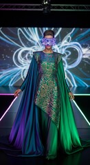Futuristic Fashion Model with LED Visor and Gradient Gown on Runway