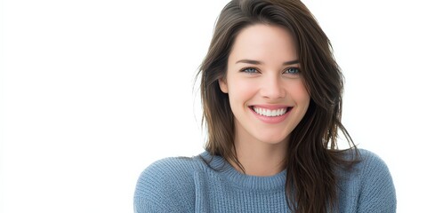 Cheerful Young Woman Smiling Brightly in Casual Sweater Against White Background