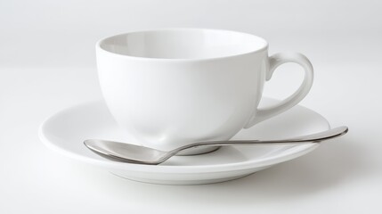Obraz premium Elegant White Ceramic Cup and Saucer with Spoon on a Clean White Background