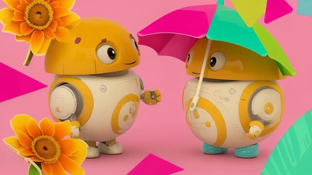 Cute yellow robot holding pink umbrella, rainy day 3D render. Ideal for concepts like sun protection, beach lifestyle, playful tech, or futuristic relaxation.