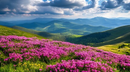 Flowering Meadow in Mountain Landscape Under Cloudy Sky