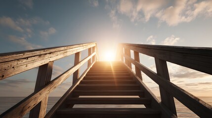 Obraz premium Wooden stairs leading to a bright horizon.