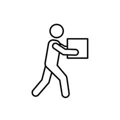 Vector illustration of simple line icon of a person carrying a box, representing delivery and logistics, isolated on white background