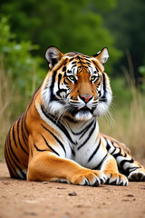 Obraz premium Portrait of a Royal Bengal tiger alert and staring at the camera. Tiger portrait horizontal.