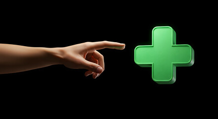 Digital healthcare interaction showing a hand interacting with a green plus symbol