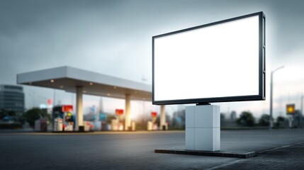 Fototapeta premium Billboard Mockup at Gas Station: Outdoor Advertising Display for Brand Promotion and Marketing Campaigns