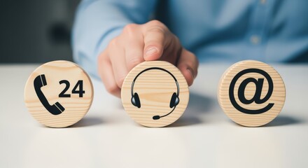 Contact Options: Wooden Blocks Displaying Phone, Headset, and Email Icons for Customer Service and Support