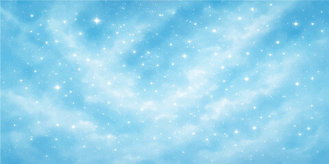 Blue abstract winter background with falling snowflakes and sparkling stars for the holiday season