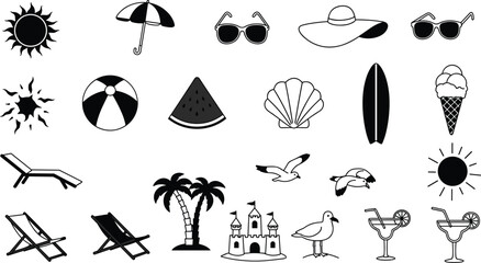 Beach and summer icon set, sun, umbrella, sunglasses, palm trees, surfboard, sandcastle, cocktail, ice cream, vacation symbols, silhouette illustration
