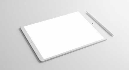 Modern White Tablet with Stylus Pen on Clean Background Minimalist Tech Device Mockup Template Perfect for App or Website Presentation