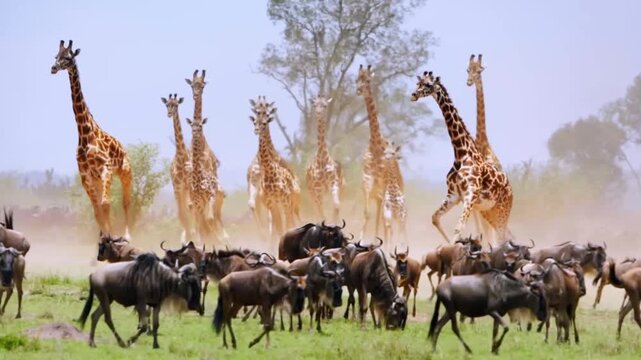 Amazing Herd of Giraffes in Epic Pursuit of Wildebeest Across the Savanna