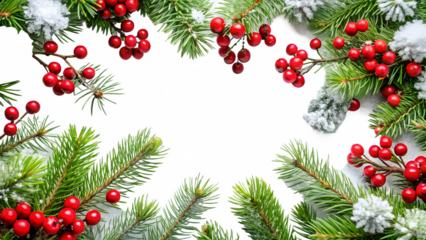 Christmas frame with pine branches and red berries isolated on transparent background, a festive and natural decoration for holiday cards and seasonal greetings