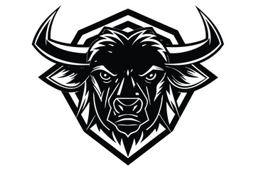 In monochrome, a bull head with horns is enclosed in a geometric shape