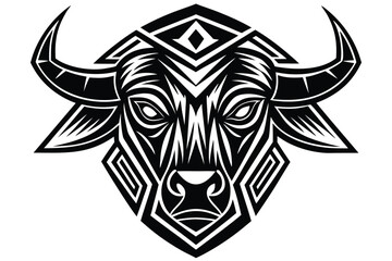 Striking black bull head showcases intricate geometric tribal pattern and prominent horns