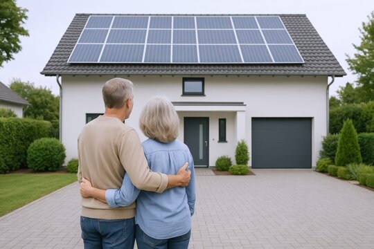 Senior Couple Admiring Home with Solar Panels: Sustainable Living, Renewable Energy, and Eco-Friendly Homeownership