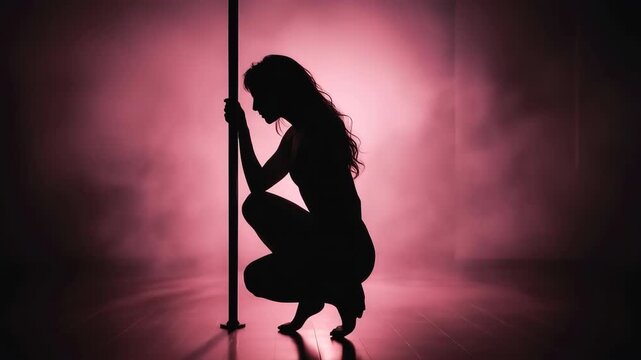 Silhouette of a female dancer crouching beside a pole in a dimly lit space, surrounded by pink fog, capturing the essence of movement and grace in a dramatic atmosphere
