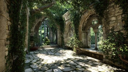 Obraz premium Sun-drenched overgrown ruins, arched walkways