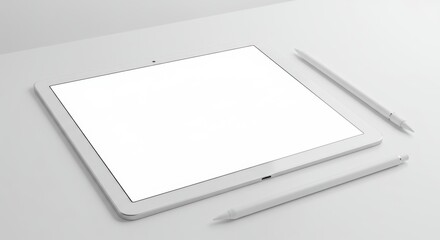 Sleek White Tablet with Blank Screen and Stylus Pens for Creative Work and Digital Design Display Mockup