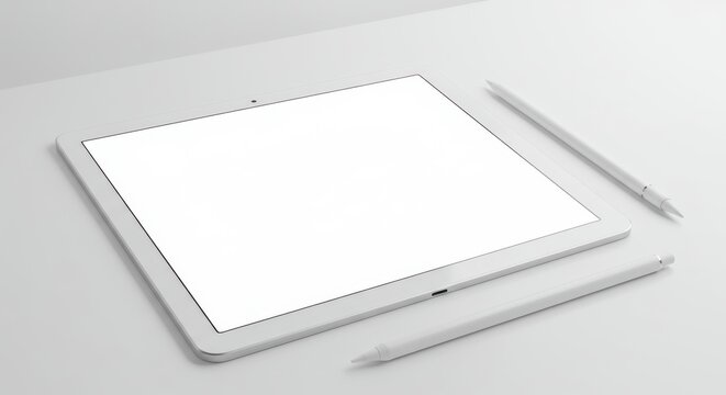 Sleek White Tablet with Blank Screen and Stylus Pens for Creative Work and Digital Design Display Mockup