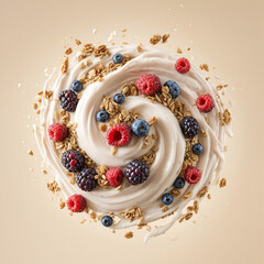 A swirl of milk and berries, with granola particles swirling around it, against an isolated light beige background, creating a realistic illustration effect in the style of commercial photography
